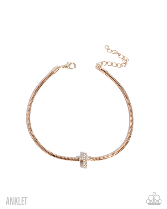 Heavenly Hope - Gold Cross, White Rhinestone Anklet - Paparazzi Accessories