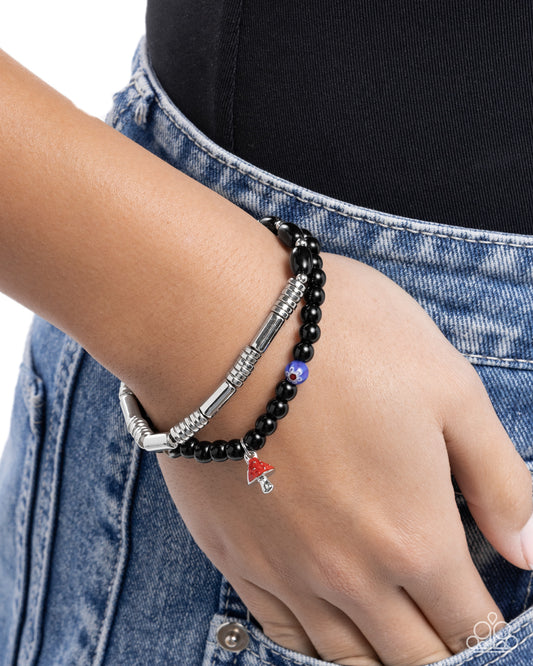 Malibu Mashup - Black Beaded, Red Mushroom Charm, Stretchy Bracelets - Paparazzi Accessories