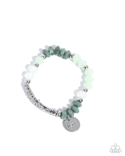 Handcrafted Hope - Green Beaded White Rhinestone Silver Stretchy Bracelet - Paparazzi Accessories