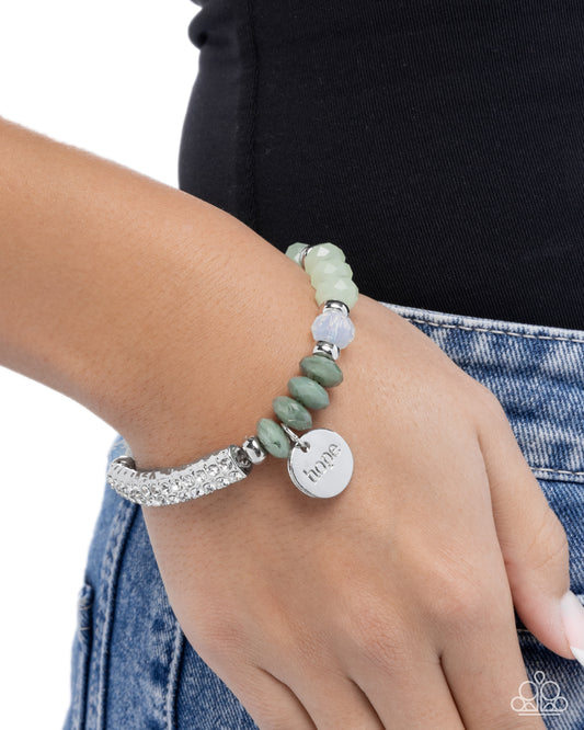 Handcrafted Hope - Green Beaded White Rhinestone Silver Stretchy Bracelet - Paparazzi Accessories