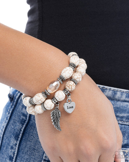 Santa Fe Settlement - White Crackle Stone, Silver heart and Angel Wing Bracelets - Paparazzi Accessories