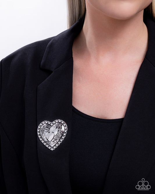 A Breath of Fresh Romance - Silver Flower Heart Brooch - Paparazzi Accessories