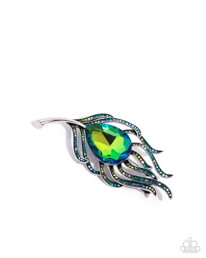 Peacock Pedigree - Green Iridescent Rhinestone Silver Feather Brooch - Paparazzi Accessories