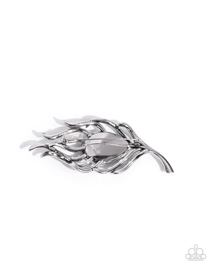 Peacock Pedigree - Green Iridescent Rhinestone Silver Feather Brooch - Paparazzi Accessories