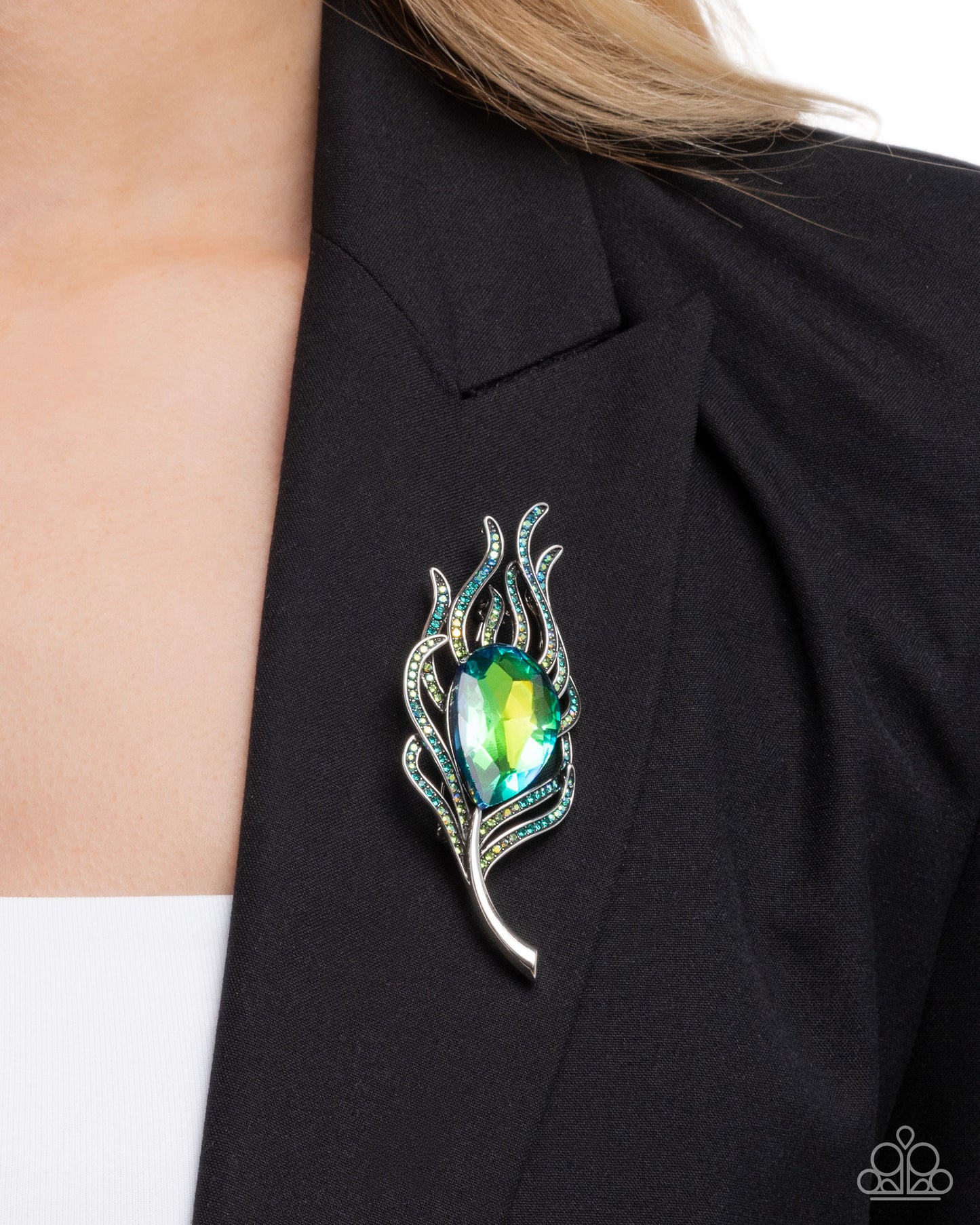 Peacock Pedigree - Green Iridescent Rhinestone Silver Feather Brooch - Paparazzi Accessories