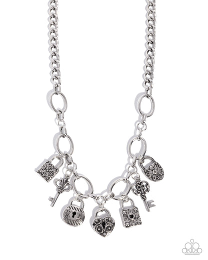 Padlock Pairing - Silver Lock & Key Charms Necklace - Paparazzi Accessories