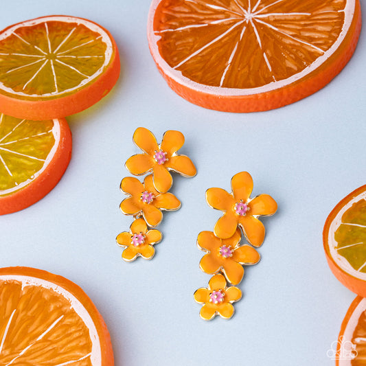 Crack of BLOOM - Orange Enamel Flower Gold Post Earrings - Paparazzi Accessories