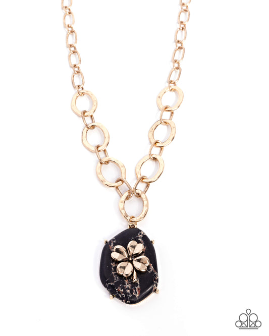 Clover Collection - Black Marbled Stone & Gold Shamrock Necklace - Paparazzi Accessories