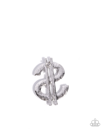 Raking in the Bling - White Rhinestone Dollar Symbol Brooch - Paparazzi Accessories