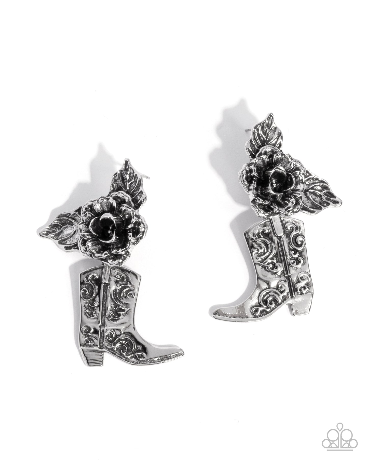 Dancing Boots - Silver Boot and Rose Post Back Earrings - Paparazzi Accessories