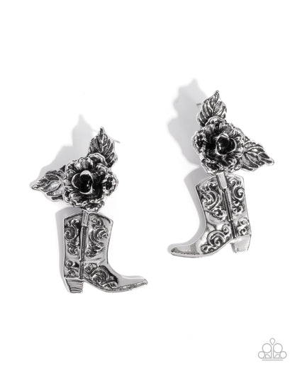 Dancing Boots - Silver Boot and Rose Post Back Earrings - Paparazzi Accessories