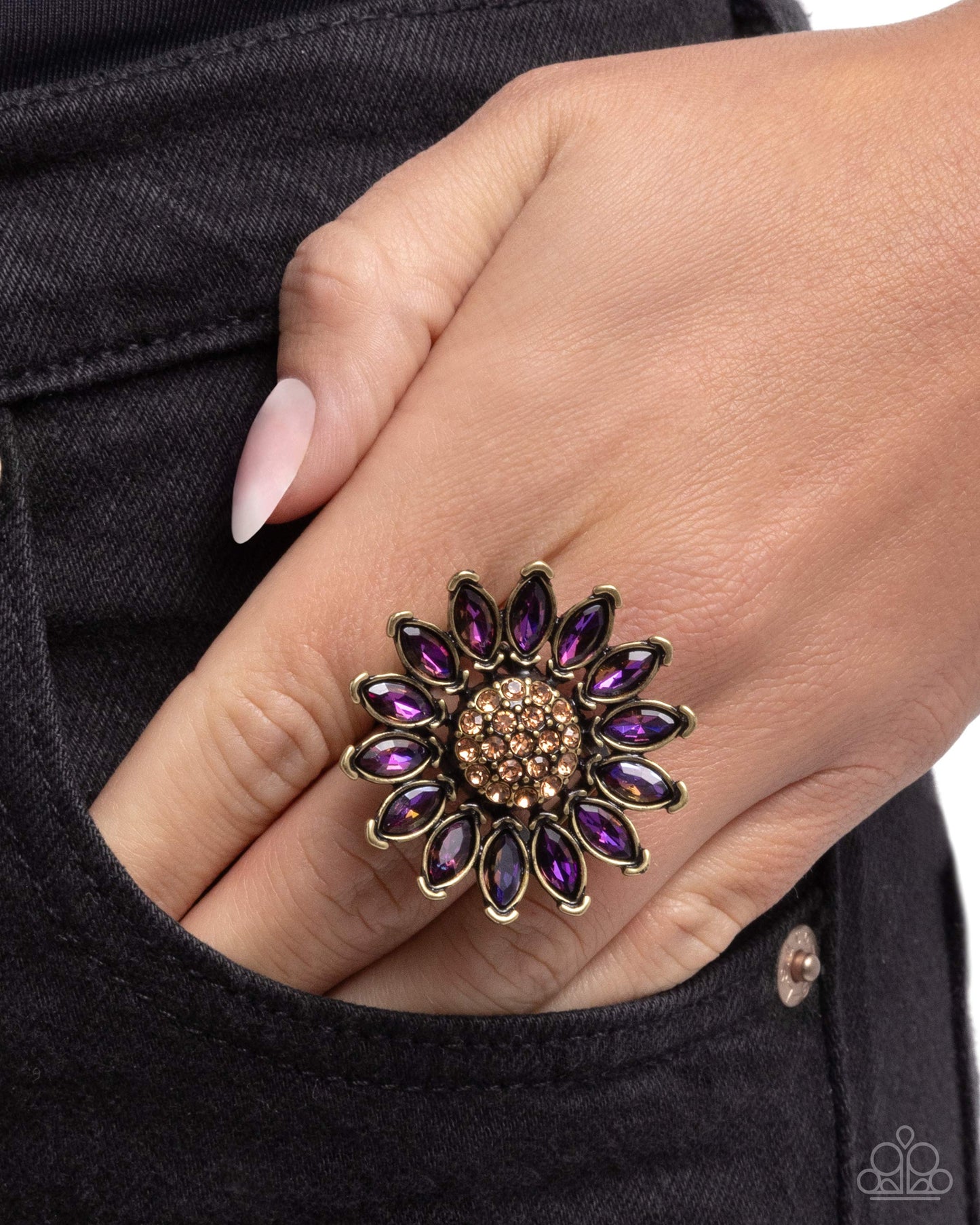 Sunflower Setting - Brass and Purple Rhinestone Ring - Paparazzi Accessories