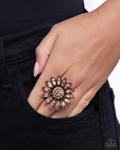 Sunflower Setting - Copper and Peach Rhinestone Sunflower Ring - Paparazzi Accessories