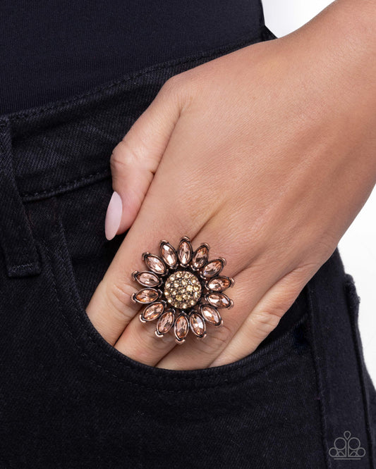 Sunflower Setting - Copper and Peach Rhinestone Sunflower Ring - Paparazzi Accessories