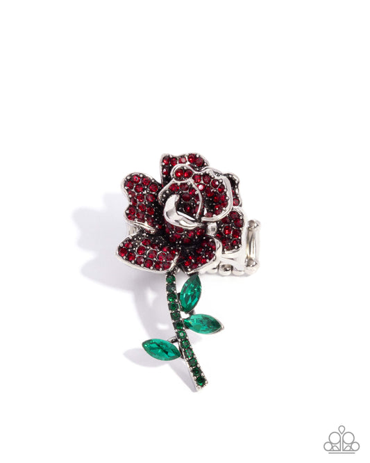 Boutonniere Bling - Red Rhinestone Rose Silver Ring - Paparazzi Accessories