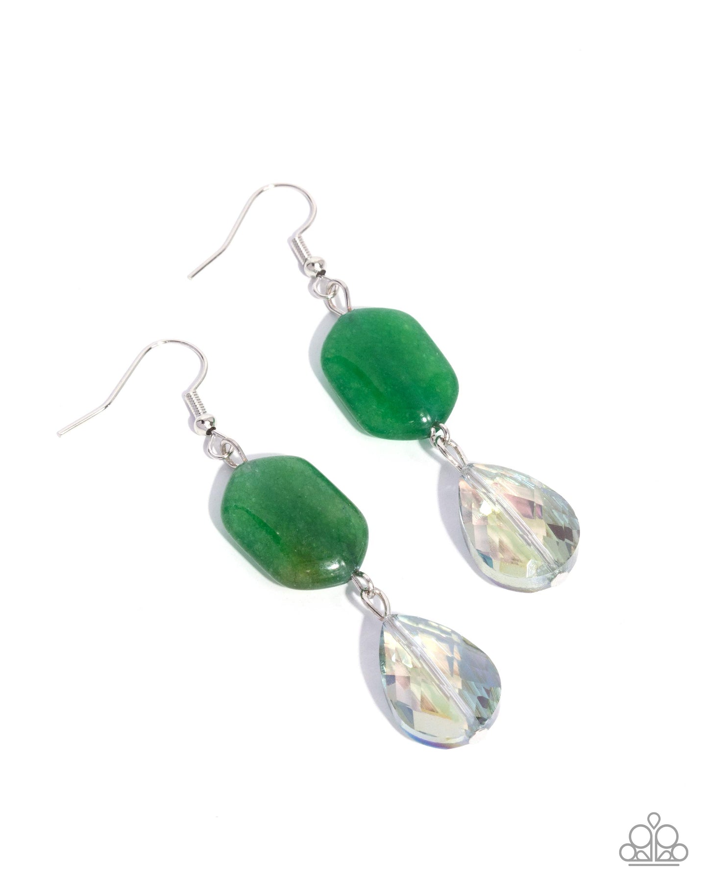 Brilliant Beauty Queen - Green Jade Stone, Iridescent Teardrop Bead Silver Fishhook Earrings - Paparazzi Accessories