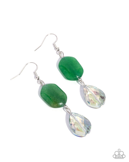 Brilliant Beauty Queen - Green Jade Stone, Iridescent Teardrop Bead Silver Fishhook Earrings - Paparazzi Accessories