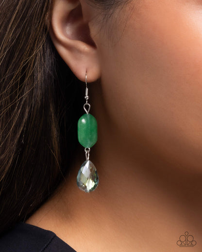 Brilliant Beauty Queen - Green Jade Stone, Iridescent Teardrop Bead Silver Fishhook Earrings - Paparazzi Accessories