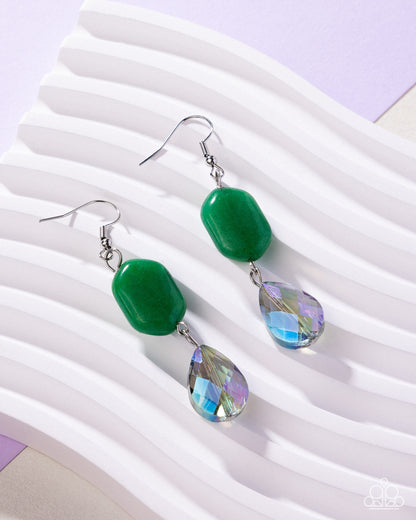 Brilliant Beauty Queen - Green Jade Stone, Iridescent Teardrop Bead Silver Fishhook Earrings - Paparazzi Accessories