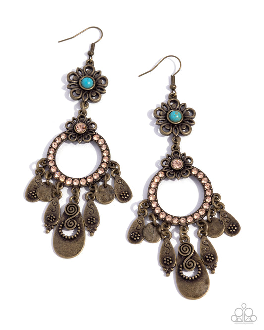 Majestic Mosaic - Brass Flower Blue Turquoise Crackle Stone Fishhook Earrings - Paparazzi Accessories
