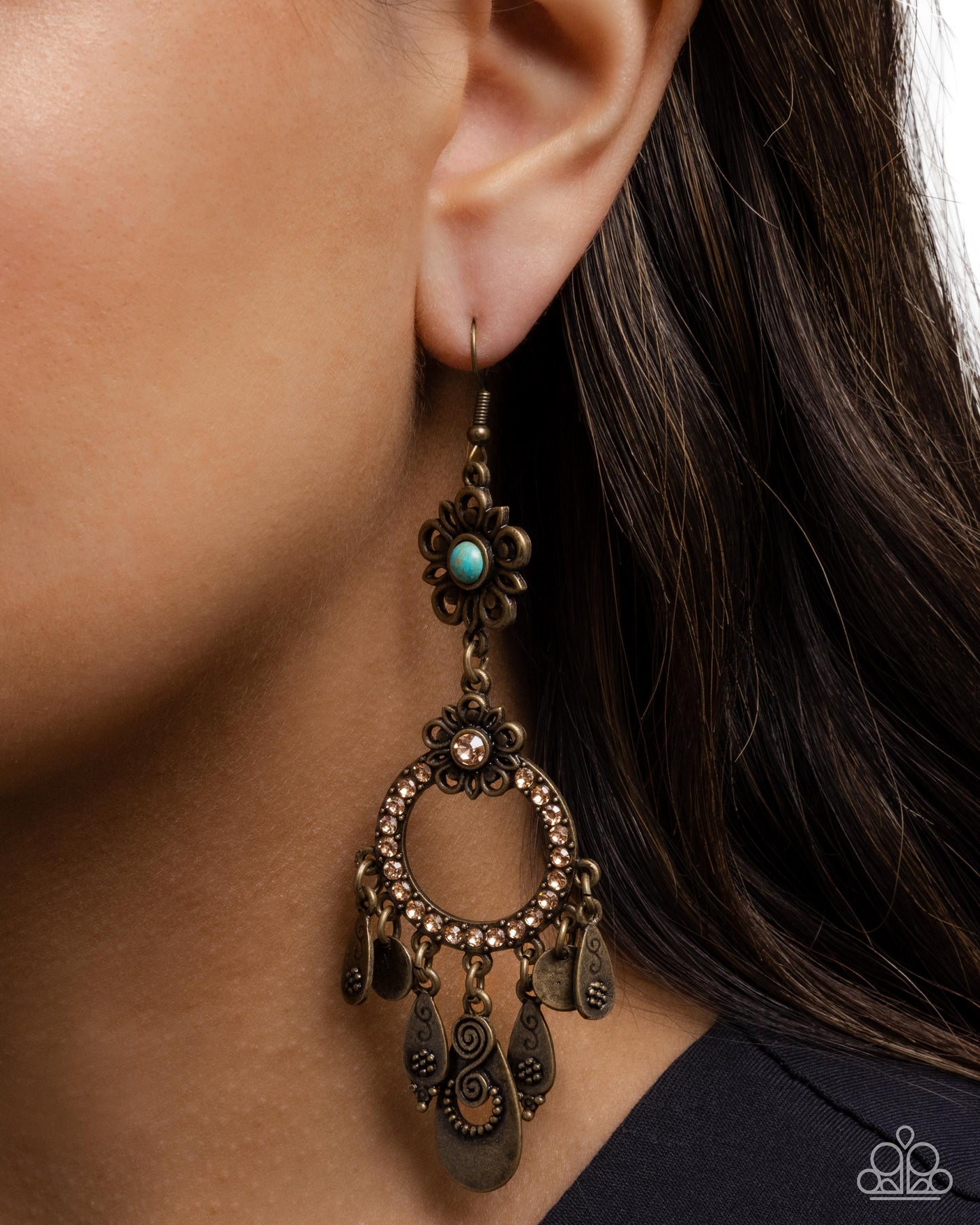 Majestic Mosaic - Brass Flower Blue Turquoise Crackle Stone Fishhook Earrings - Paparazzi Accessories