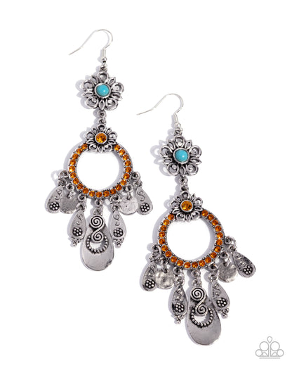 Majestic Mosaic - Orange Rhinestone Blue Turquoise Crackle Stone Silver Fishhook Earrings - Paparazzi Accessories