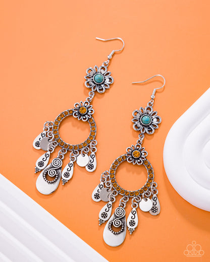 Majestic Mosaic - Orange Rhinestone Blue Turquoise Crackle Stone Silver Fishhook Earrings - Paparazzi Accessories