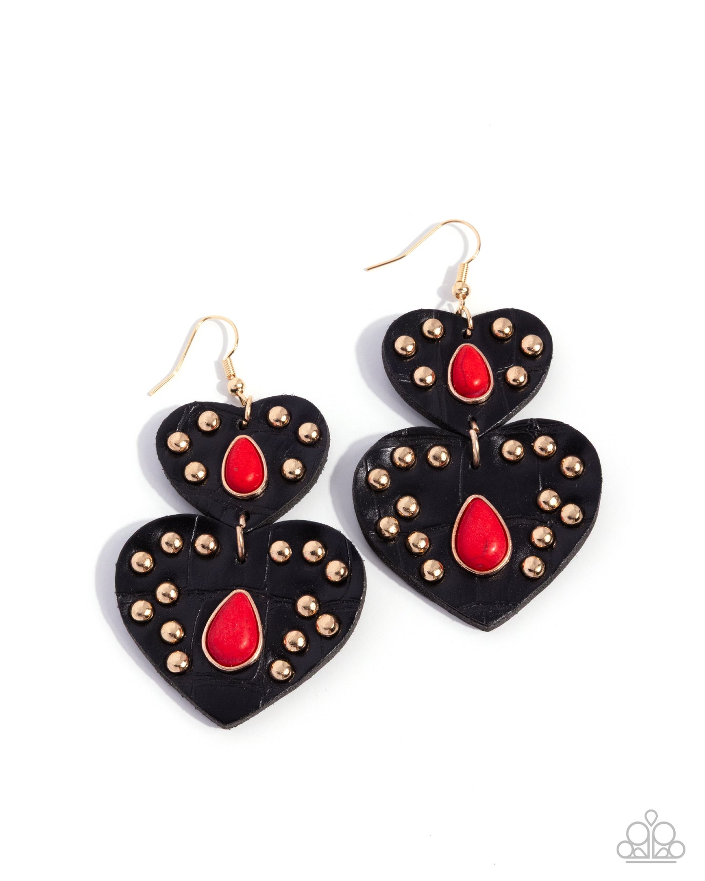 Studded Sister - Red Crackle Stone, Gold and Black Leather Heart Earrings - Paparazzi Accessories