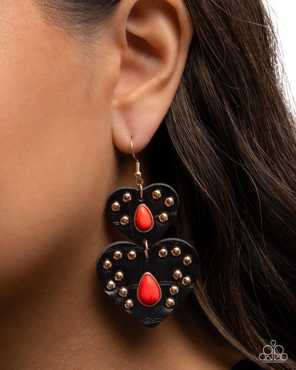 Studded Sister - Red Crackle Stone, Gold and Black Leather Heart Earrings - Paparazzi Accessories