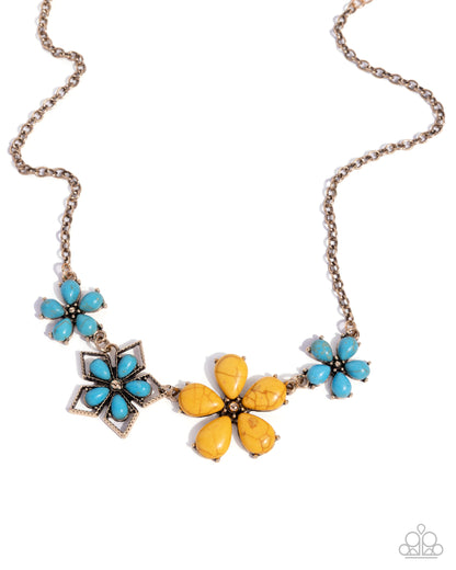Behold the Bloom - Yellow & Blue Turquoise Crackle Stone Gold Necklace - Paparazzi Accessories
