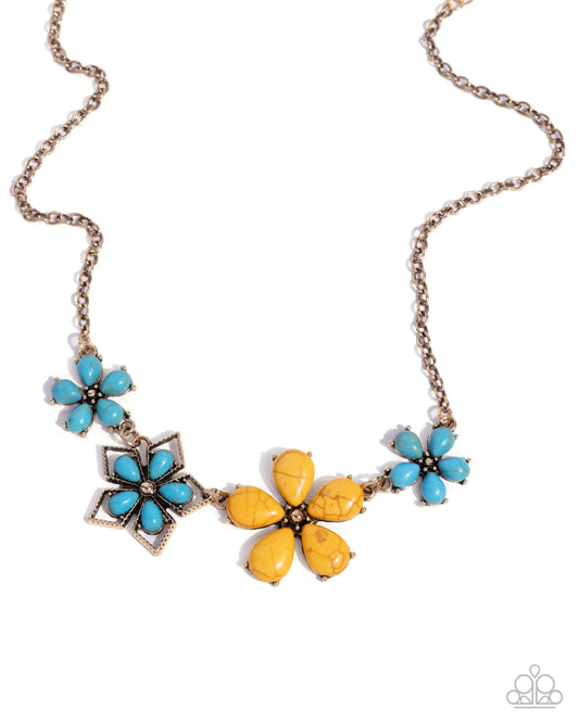 Behold the Bloom - Yellow & Blue Turquoise Crackle Stone Gold Necklace - Paparazzi Accessories