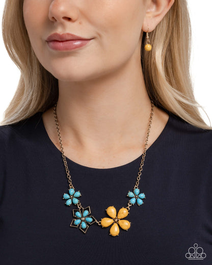 Behold the Bloom - Yellow & Blue Turquoise Crackle Stone Gold Necklace - Paparazzi Accessories