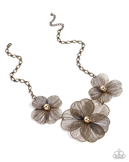 Wiry Wreath - Brass Wire Flowers Necklace - Paparazzi Accessories