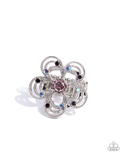 Still Studs - Purple Rhinestone Silver Flower Ring - Paparazzi Accessories
