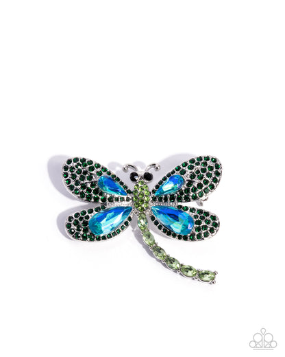 Divine Dragonfly - Green & Blue UV Shimmer Rhinestone Silver Brooch - Paparazzi Accessories