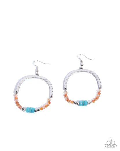 Authentic Advocate - Orange UV Shimmer Beads Blue Turquoise Crackle Stone Silver Arch Fishhook Earrings - Paparazzi Accessories