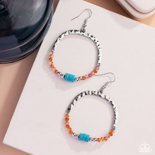 Authentic Advocate - Orange UV Shimmer Beads Blue Turquoise Crackle Stone Silver Arch Fishhook Earrings - Paparazzi Accessories