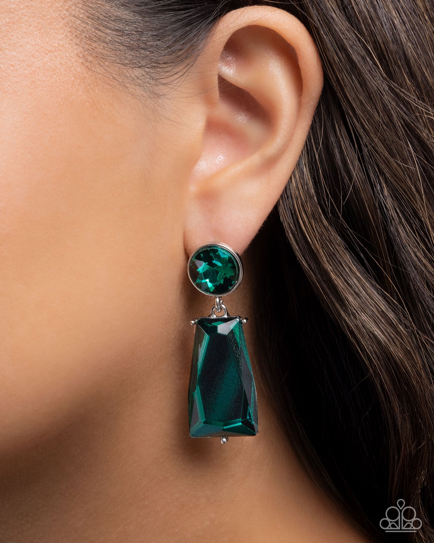 Carefree Character - Green Gem Silver Post Earrings - Paparazzi Accessories