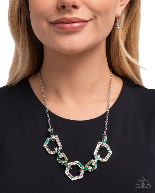 Geometric Glitter - Green Rhinestone, Silver Geometric Neckace - Paparazzi Accessories