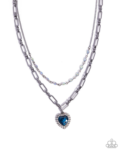 Match Made In HAUTE - Blue Rhinestone Heart, Gunmetal Necklace - Paparazzi Accessories
