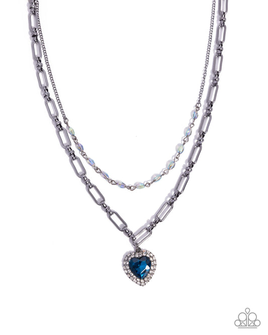 Match Made In HAUTE - Blue Rhinestone Heart, Gunmetal Necklace - Paparazzi Accessories