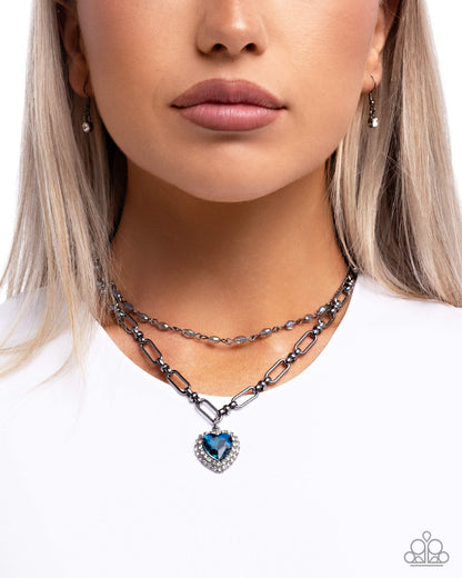 Match Made In HAUTE - Blue Rhinestone Heart, Gunmetal Necklace - Paparazzi Accessories