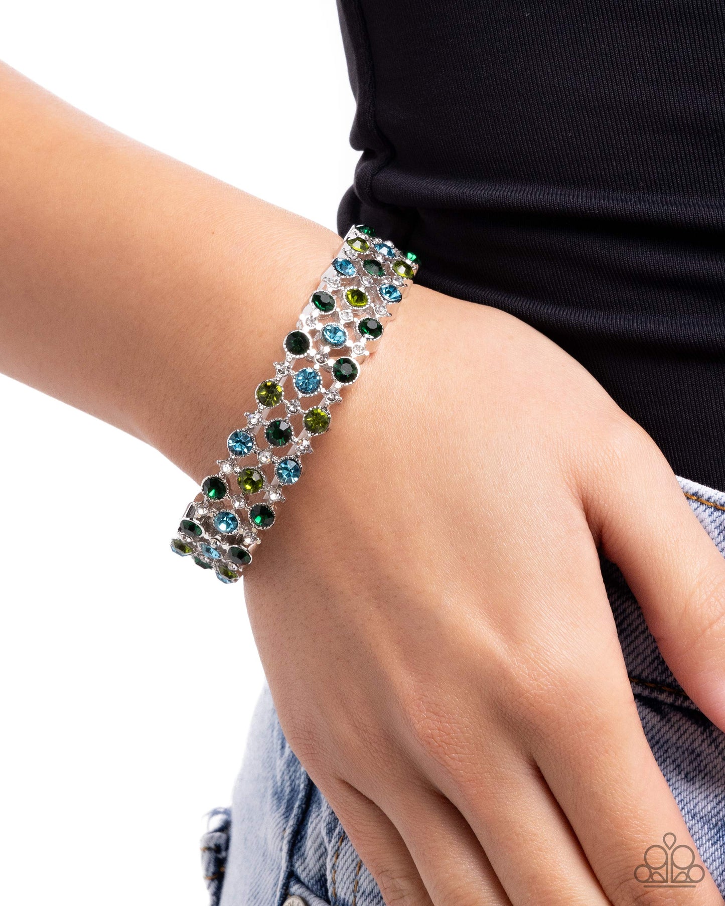 Ladylike Lattice - Green Rhinestone Stretch Bracelet - Paparazzi Accessories