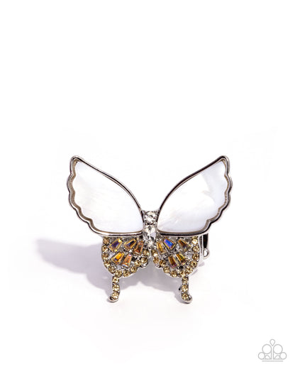 Butterfly Benefit - Yellow Iridescent Rhinestone White Shell Butterfly Silver Ring - Paparazzi Accessories