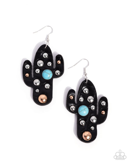 Cactus Cache - Multi Gold Stud and Blue Crackle Stone, Leather Cactus Earrings - Paparazzi Accessories