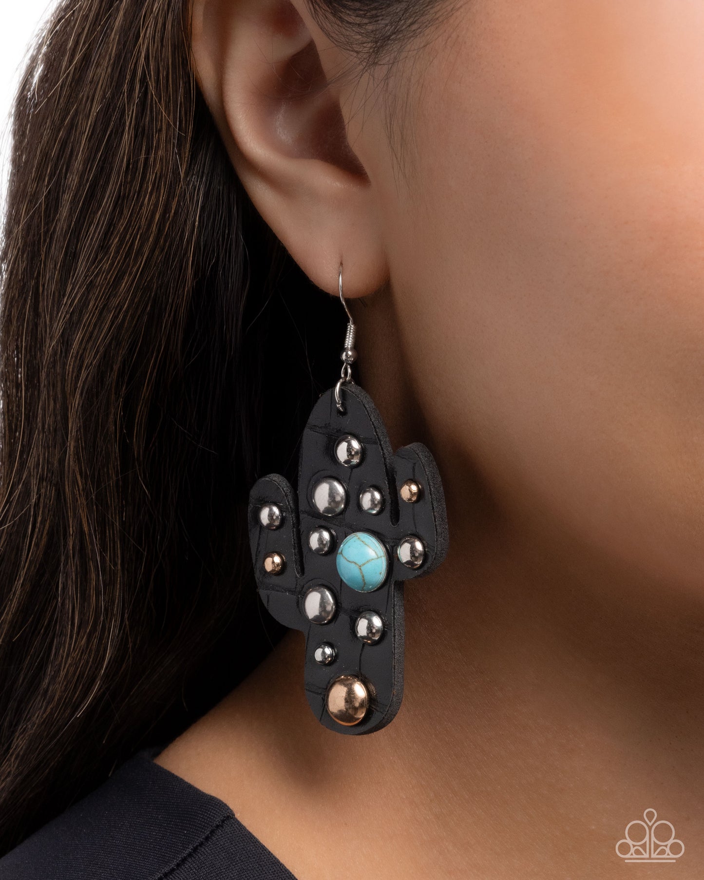 Cactus Cache - Multi Gold Stud and Blue Crackle Stone, Leather Cactus Earrings - Paparazzi Accessories