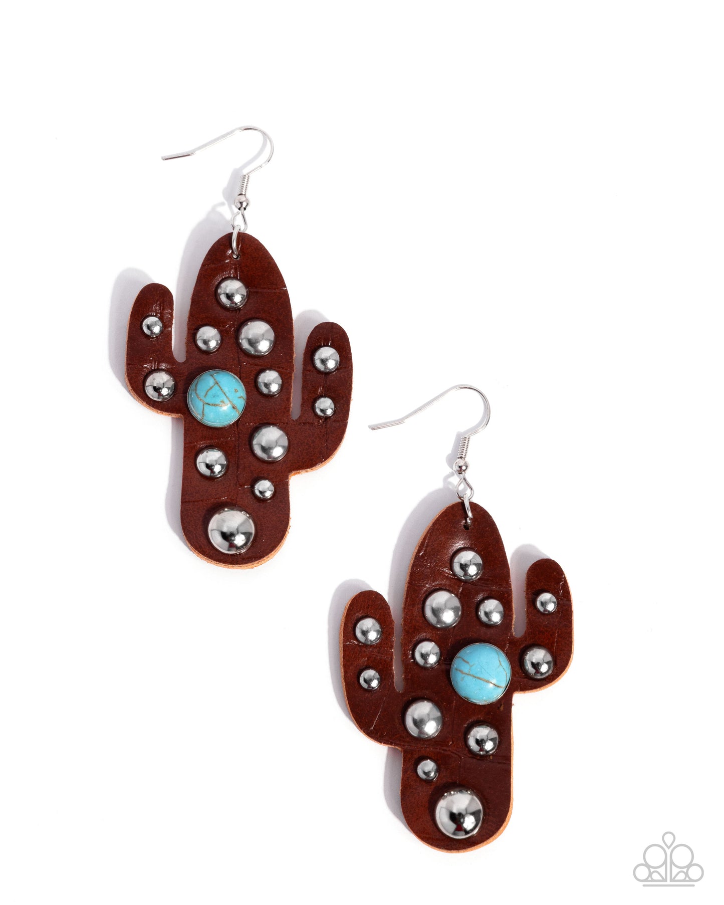 Cactus Cache - Brown Leather, Silver Studs & Turquoise Crackle Stone Fishhook Earrings - Paparazzi Accessories