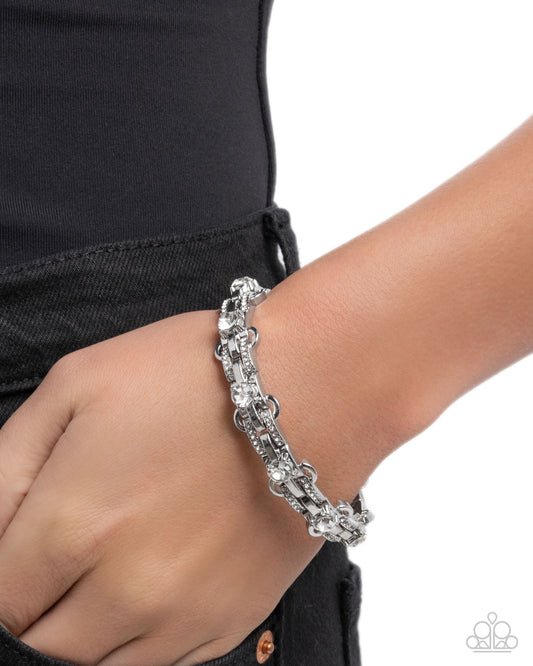 Consuming Confidence - White Rhinestone Silver Links Stretchy Bracelet - Paparazzi Accessories