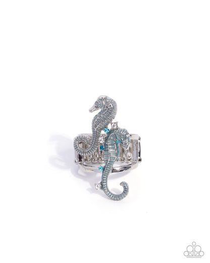 Seahorse Specialty - Blue and White Rhinestone, Silver Seahorse Ring - Paparazzi Accessories