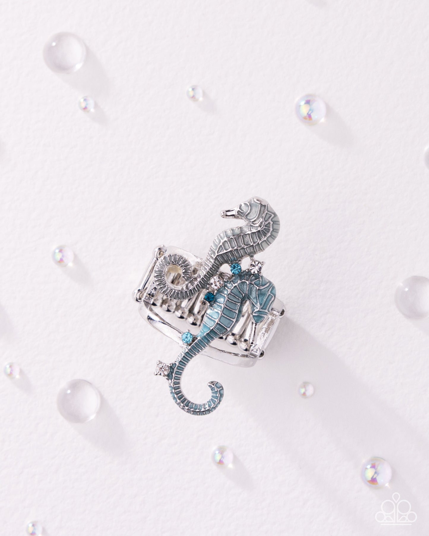 Seahorse Specialty - Blue and White Rhinestone, Silver Seahorse Ring - Paparazzi Accessories